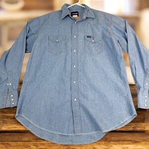 Wrangler Western Denim Long Sleeve Snap Front Shirt Mens XL Blue Cotton